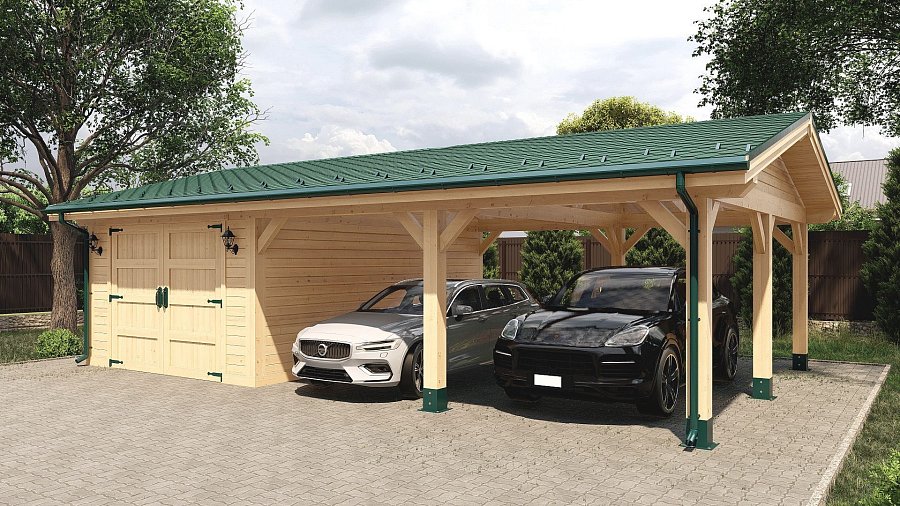 Двухскатный гараж с навесом, въезд сбоку Гаврилково