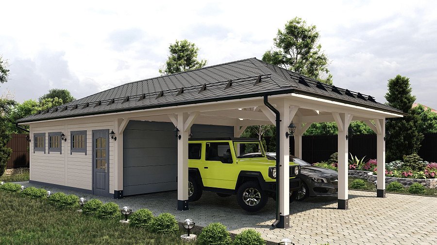 Гараж вальмовый с навесом и двумя въездами Глазово