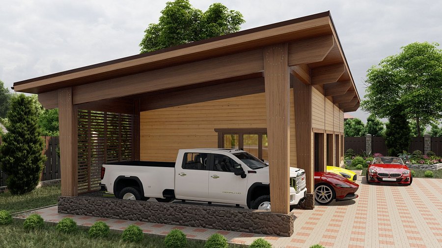 Гараж односкатный с навесом Ескино