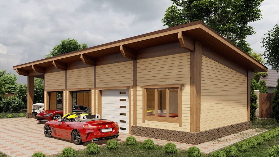 Гараж односкатный с навесом Ескино