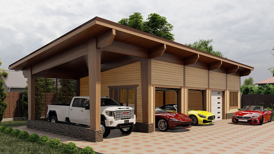 Гараж односкатный с навесом Ескино