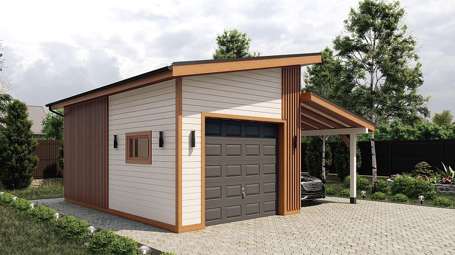 Гараж односкатный с навесом Филимоново