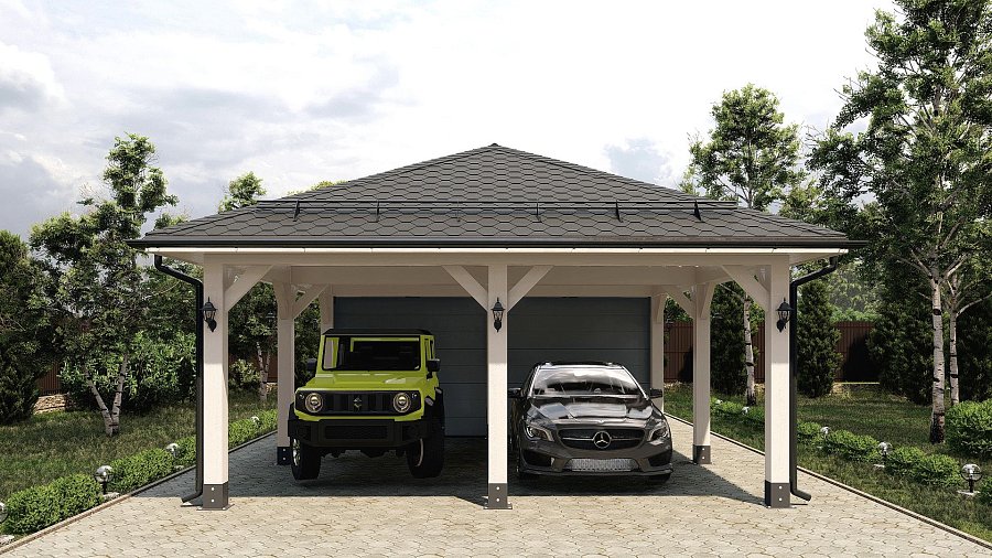 Гараж вальмовый с навесом и двумя въездами Глазово