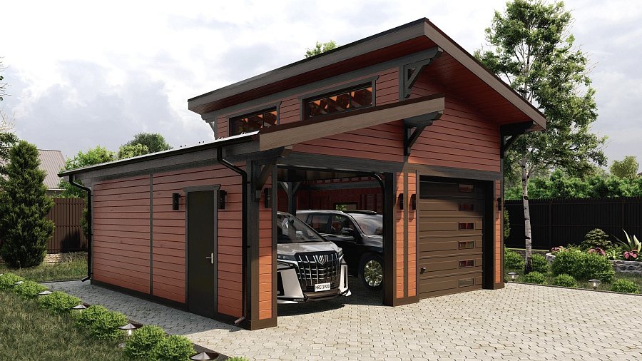 Гараж  с ломаной кровлей на 2 автомобиля Дятлино